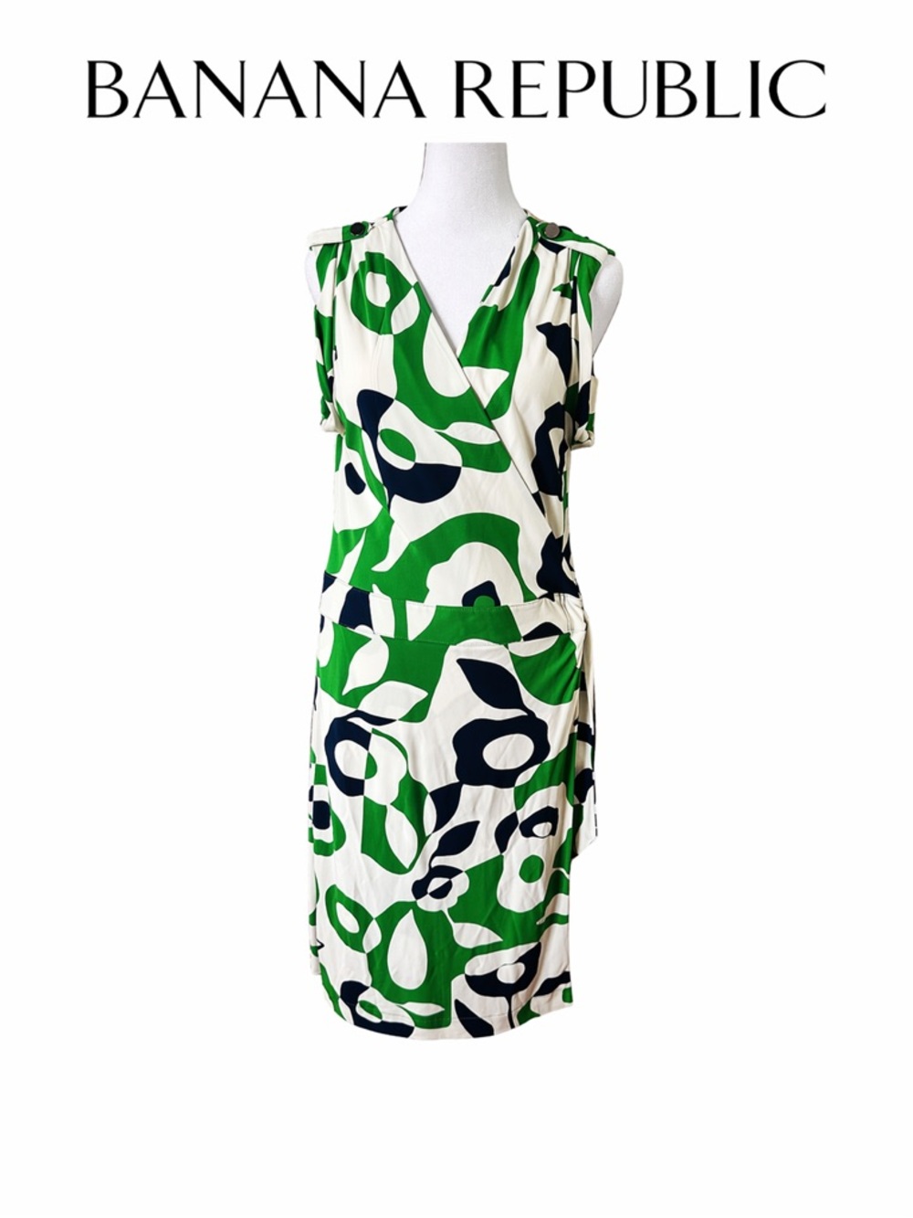 Banana Republic White, Green & Navy Abstract Print Sleeveless Wrap Midi NWT